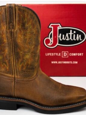Justin Driller Dark Brown Water Buffalo Square Toe Cowboy Work Boots Men's 10.5
